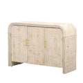 Buffet deux portes incurvé avec poignées linéaires dorées – Lavis bois naturel / Noir antique, MDF et placage sapin, Finition vieillie