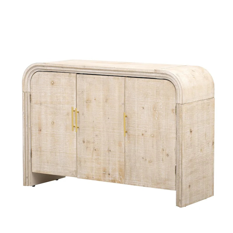 Buffet deux portes incurvé avec poignées linéaires dorées – Lavis bois naturel / Noir antique, MDF et placage sapin, Finition vieillie