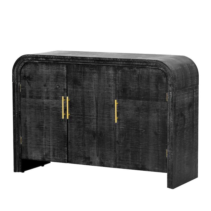 Buffet deux portes incurvé avec poignées linéaires dorées – Lavis bois naturel / Noir antique, MDF et placage sapin, Finition vieillie