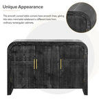 Buffet deux portes incurvé avec poignées linéaires dorées – Lavis bois naturel / Noir antique, MDF et placage sapin, Finition vieillie