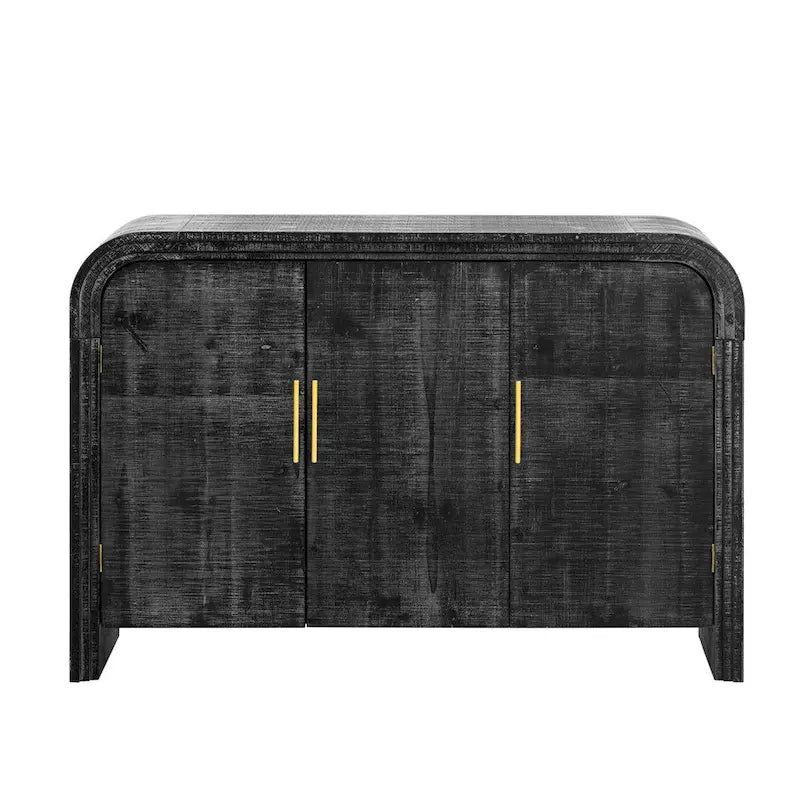Buffet deux portes incurvé avec poignées linéaires dorées – Lavis bois naturel / Noir antique, MDF et placage sapin, Finition vieillie