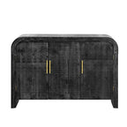 Buffet deux portes incurvé avec poignées linéaires dorées – Lavis bois naturel / Noir antique, MDF et placage sapin, Finition vieillie