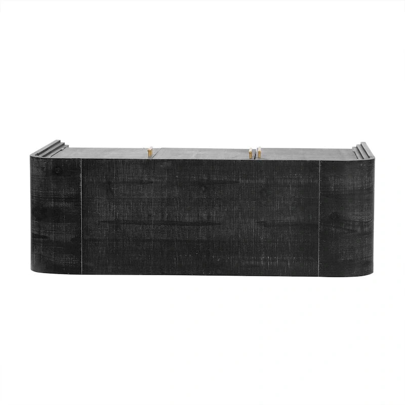 Buffet deux portes incurvé avec poignées linéaires dorées – Lavis bois naturel / Noir antique, MDF et placage sapin, Finition vieillie
