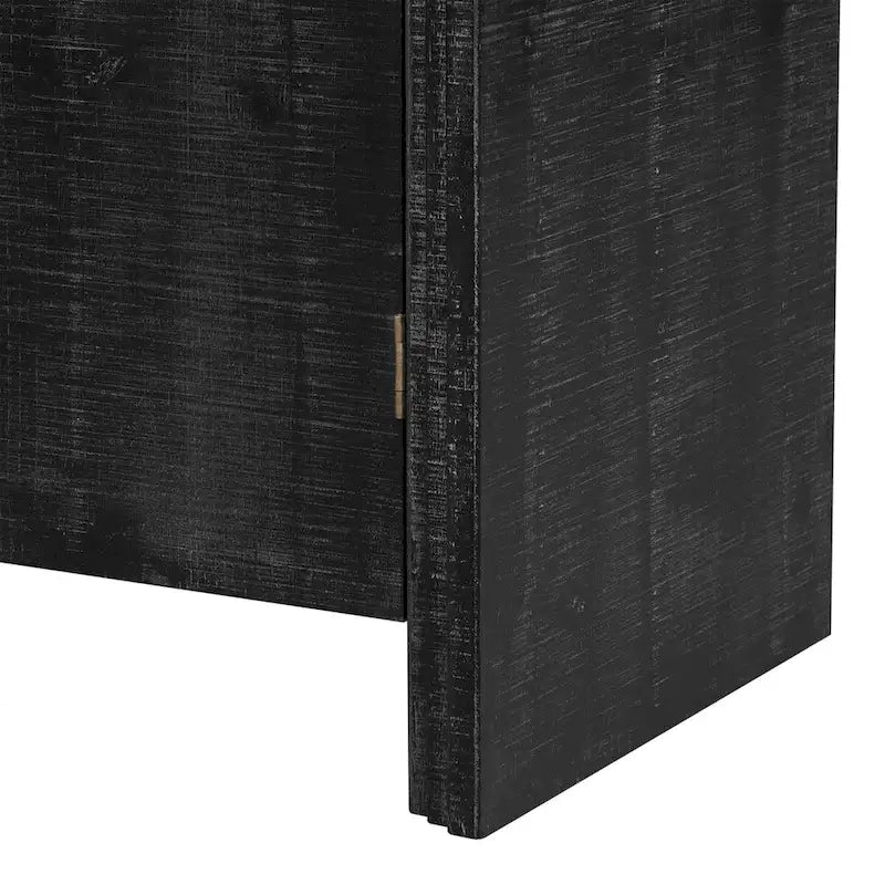 Buffet deux portes incurvé avec poignées linéaires dorées – Lavis bois naturel / Noir antique, MDF et placage sapin, Finition vieillie