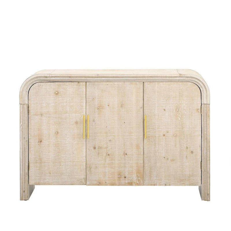 Buffet deux portes incurvé avec poignées linéaires dorées – Lavis bois naturel / Noir antique, MDF et placage sapin, Finition vieillie