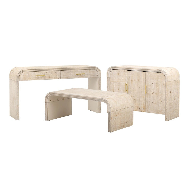 Buffet deux portes incurvé avec poignées linéaires dorées – Lavis bois naturel / Noir antique, MDF et placage sapin, Finition vieillie