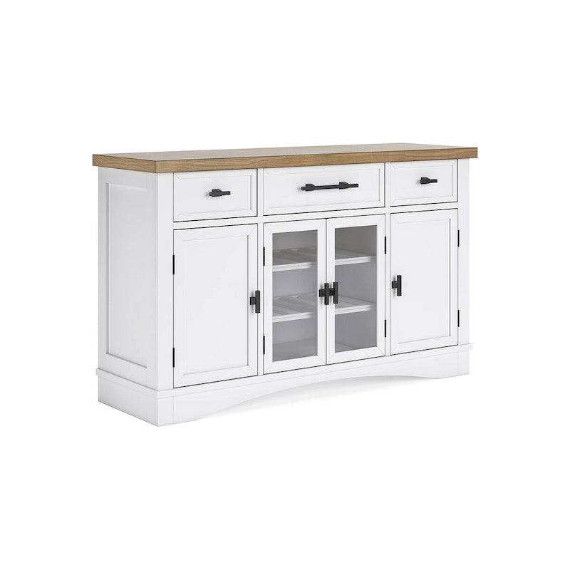 Buffet de salle à manger avec vitrine et tiroirs – Blanc/Chêne naturel, style Ferme