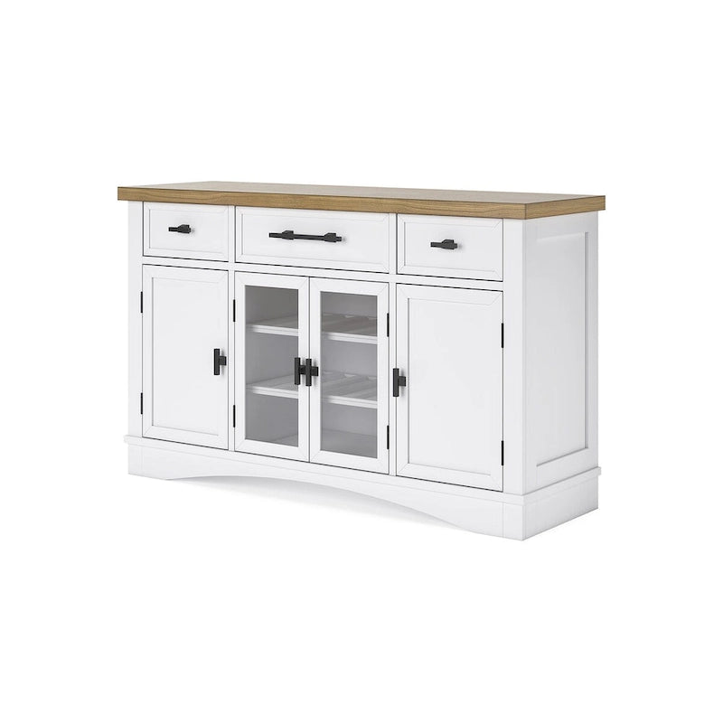 Buffet de salle à manger avec vitrine et tiroirs – Blanc/Chêne naturel, style Ferme