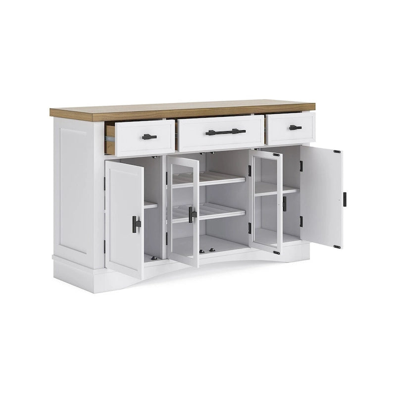 Buffet de salle à manger avec vitrine et tiroirs – Blanc/Chêne naturel, style Ferme