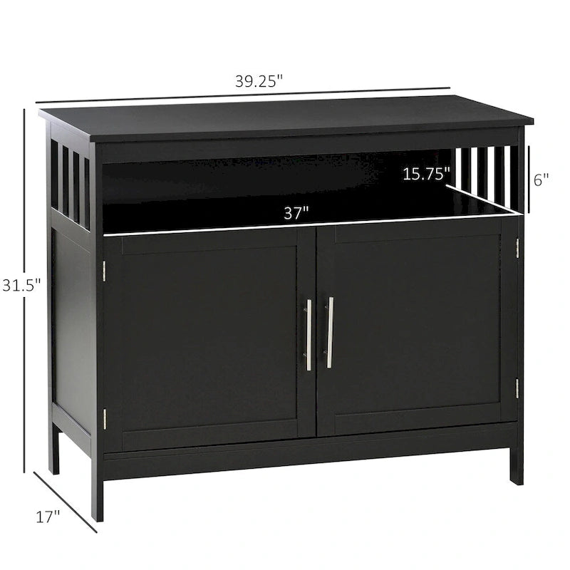 Buffet 2 portes avec étagère ouverte et portes magnétiques – Noir, MDF, Poignées en aluminium