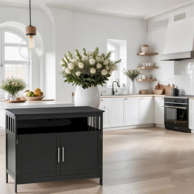 Buffet 2 portes avec étagère ouverte et portes magnétiques – Noir, MDF, Poignées en aluminium