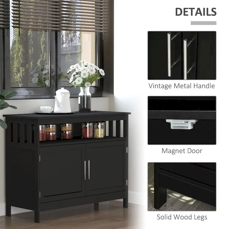 Buffet 2 portes avec étagère ouverte et portes magnétiques – Noir, MDF, Poignées en aluminium