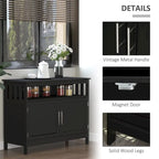Buffet 2 portes avec étagère ouverte et portes magnétiques – Noir, MDF, Poignées en aluminium