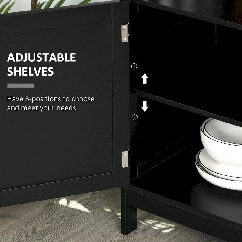 Buffet 2 portes avec étagère ouverte et portes magnétiques – Noir, MDF, Poignées en aluminium
