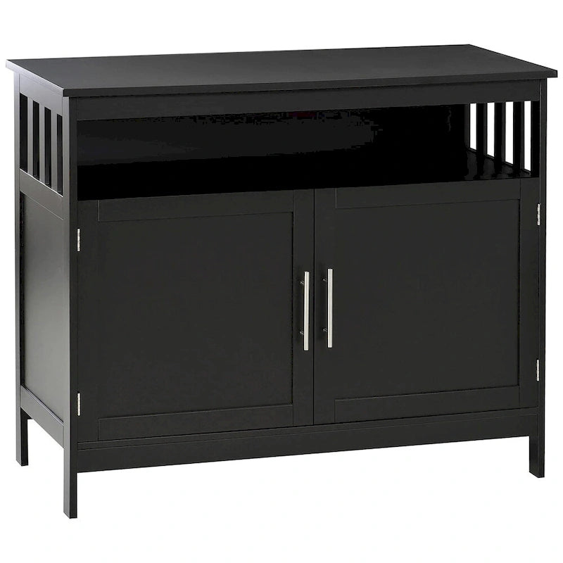 Buffet 2 portes avec étagère ouverte et portes magnétiques – Noir, MDF, Poignées en aluminium