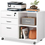 Meuble de rangement à roulettes 3 tiroirs avec support d'imprimante – Blanc / Noir / Chêne gris, verrouillable, 4 roulettes