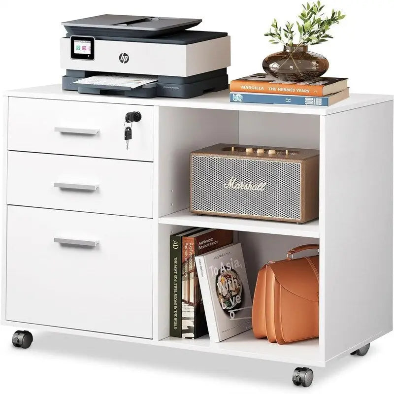 Meuble de rangement à roulettes 3 tiroirs avec support d'imprimante – Blanc / Noir / Chêne gris, verrouillable, 4 roulettes
