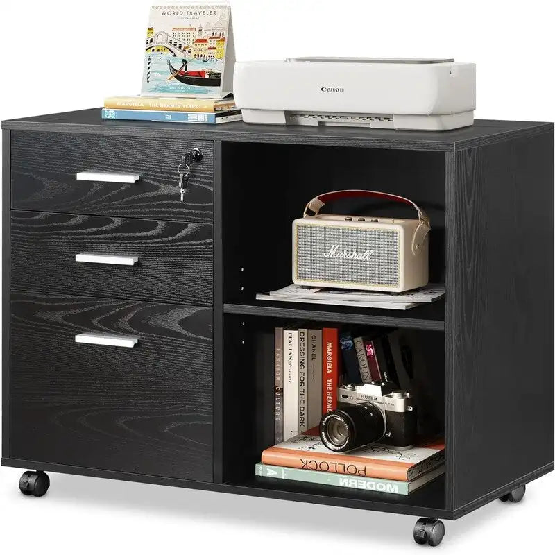 Meuble de rangement à roulettes 3 tiroirs avec support d'imprimante – Blanc / Noir / Chêne gris, verrouillable, 4 roulettes