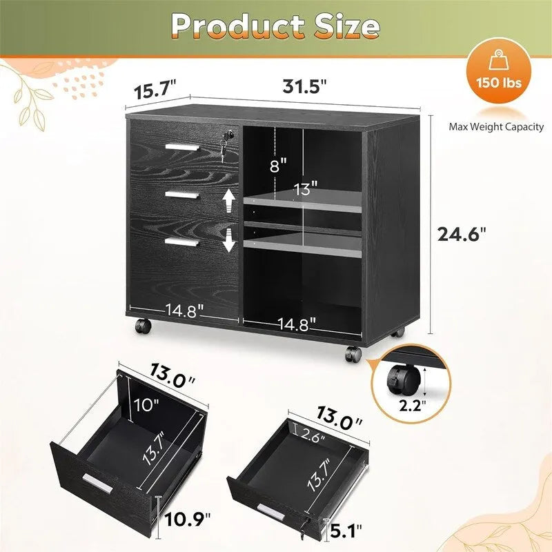 Meuble de rangement à roulettes 3 tiroirs avec support d'imprimante – Blanc / Noir / Chêne gris, verrouillable, 4 roulettes