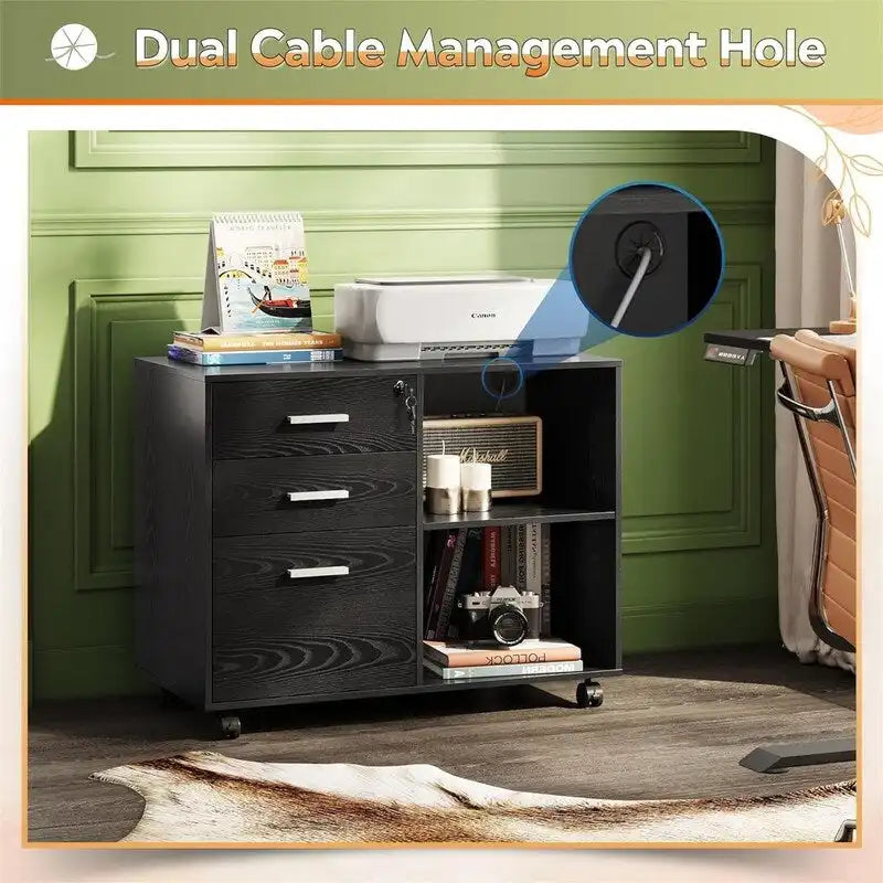 Meuble de rangement à roulettes 3 tiroirs avec support d'imprimante – Blanc / Noir / Chêne gris, verrouillable, 4 roulettes