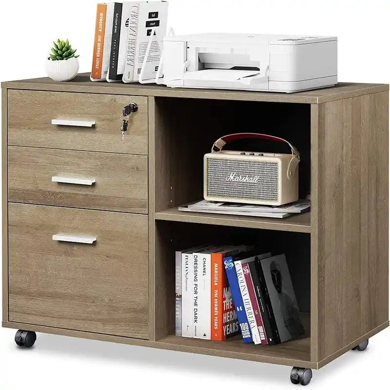 Meuble de rangement à roulettes 3 tiroirs avec support d'imprimante – Blanc / Noir / Chêne gris, verrouillable, 4 roulettes