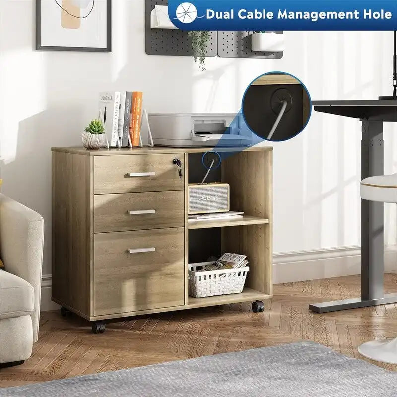 Meuble de rangement à roulettes 3 tiroirs avec support d'imprimante – Blanc / Noir / Chêne gris, verrouillable, 4 roulettes