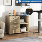 Meuble de rangement à roulettes 3 tiroirs avec support d'imprimante – Blanc / Noir / Chêne gris, verrouillable, 4 roulettes
