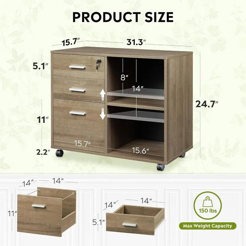 Meuble de rangement à roulettes 3 tiroirs avec support d'imprimante – Blanc / Noir / Chêne gris, verrouillable, 4 roulettes