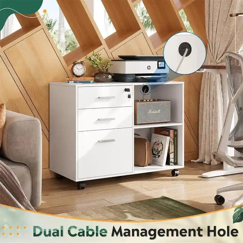 Meuble de rangement à roulettes 3 tiroirs avec support d'imprimante – Blanc / Noir / Chêne gris, verrouillable, 4 roulettes