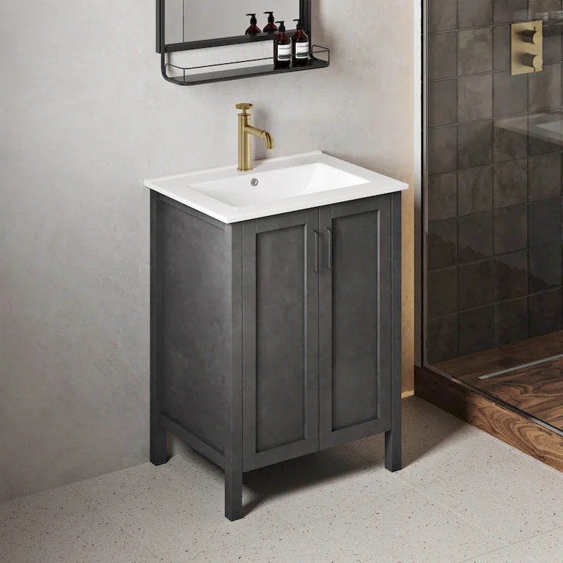 Meuble-lavabo autoportant de salle de bain 24 po avec évier en céramique – Noir mat et blanc, 2 portes
