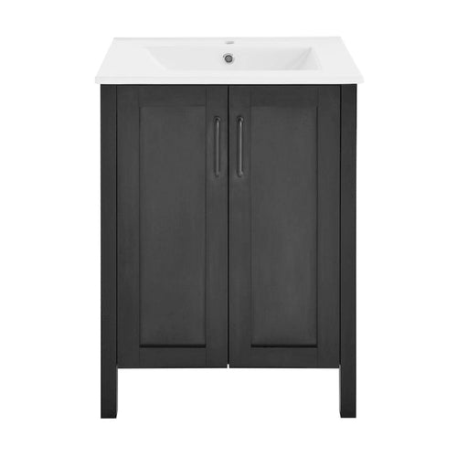 Meuble-lavabo autoportant de salle de bain 24 po avec évier en céramique – Noir mat et blanc, 2 portes