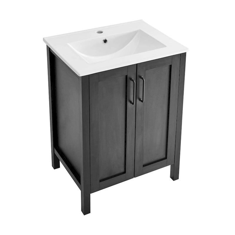 Meuble-lavabo autoportant de salle de bain 24 po avec évier en céramique – Noir mat et blanc, 2 portes