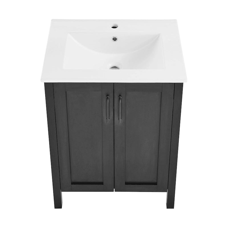 Meuble-lavabo autoportant de salle de bain 24 po avec évier en céramique – Noir mat et blanc, 2 portes