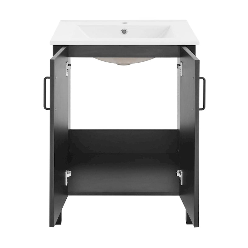 Meuble-lavabo autoportant de salle de bain 24 po avec évier en céramique – Noir mat et blanc, 2 portes