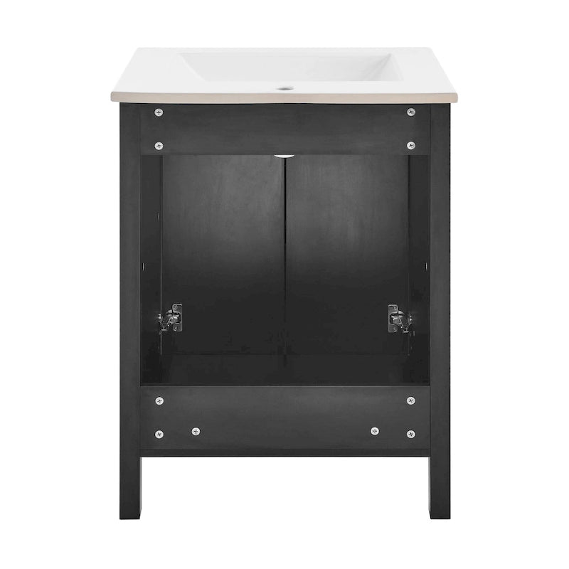 Meuble-lavabo autoportant de salle de bain 24 po avec évier en céramique – Noir mat et blanc, 2 portes