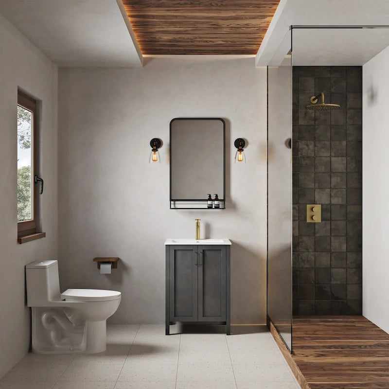 Meuble-lavabo autoportant de salle de bain 24 po avec évier en céramique – Noir mat et blanc, 2 portes
