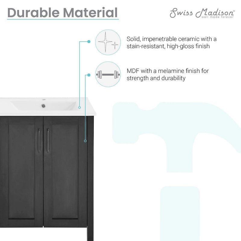 Meuble-lavabo autoportant de salle de bain 24 po avec évier en céramique – Noir mat et blanc, 2 portes