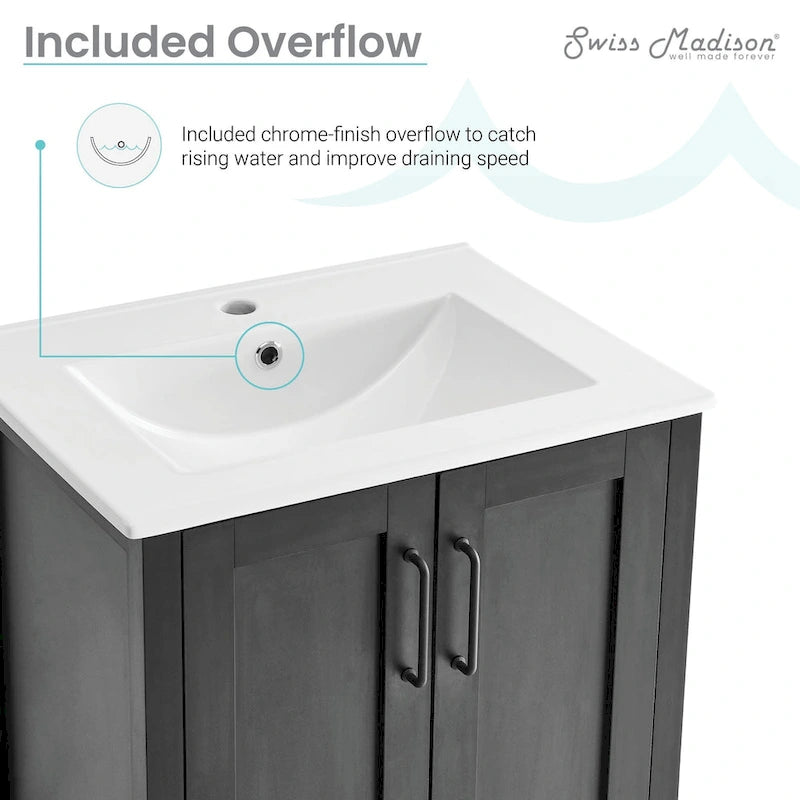 Meuble-lavabo autoportant de salle de bain 24 po avec évier en céramique – Noir mat et blanc, 2 portes