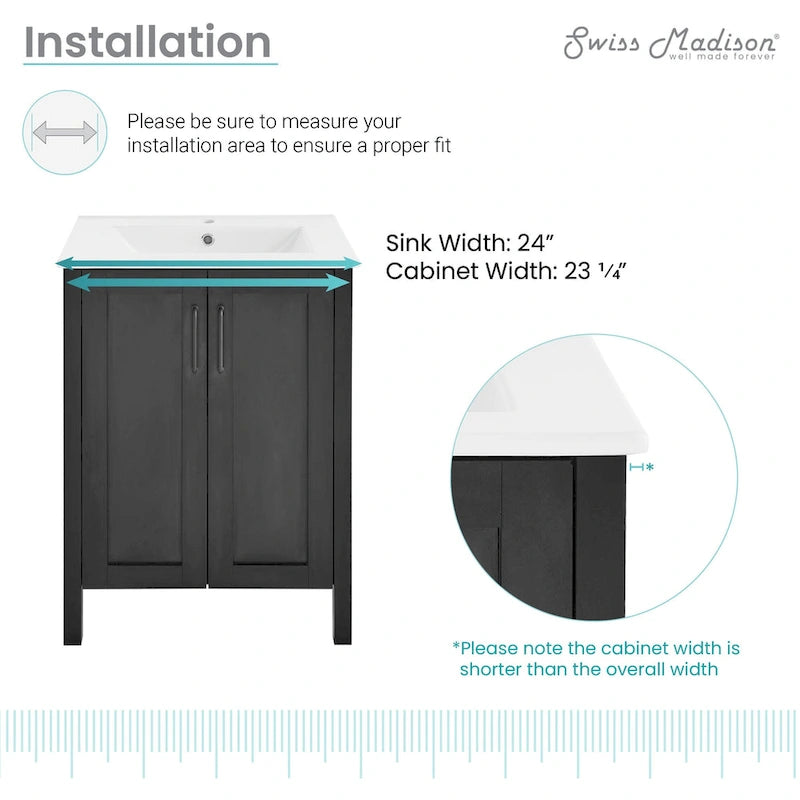 Meuble-lavabo autoportant de salle de bain 24 po avec évier en céramique – Noir mat et blanc, 2 portes