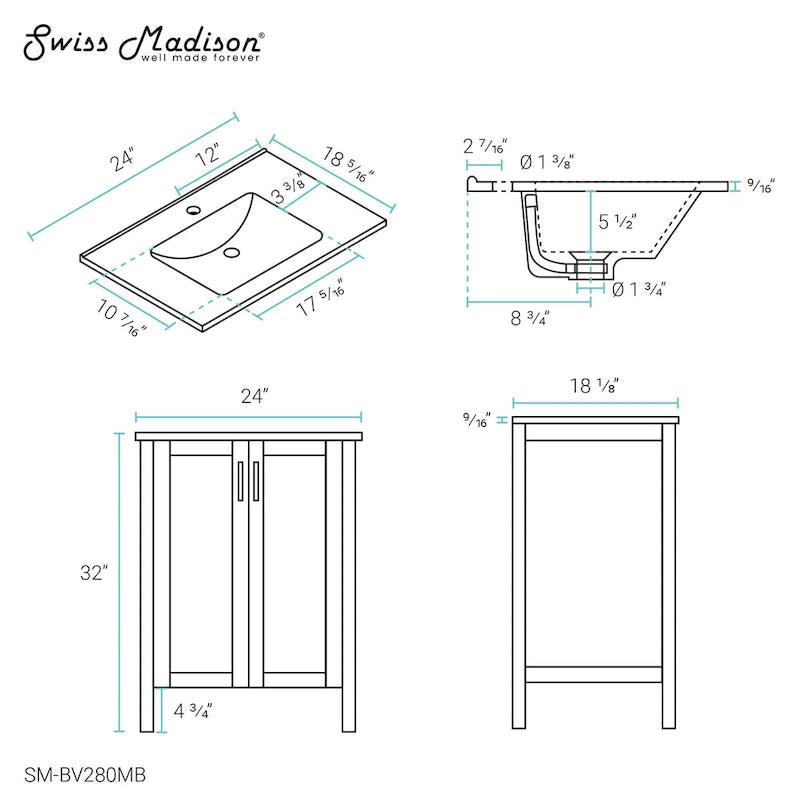 Meuble-lavabo autoportant de salle de bain 24 po avec évier en céramique – Noir mat et blanc, 2 portes