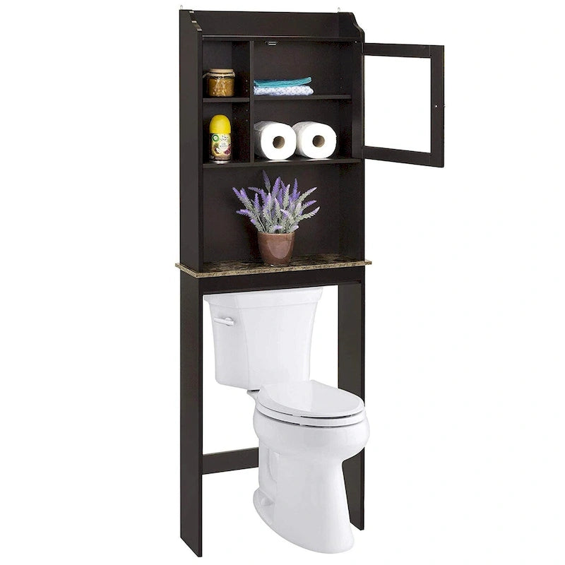 Meuble de rangement pour WC avec étagères réglables – Brun / Finition bois, MDF, Panneau arrière à rainures et languettes