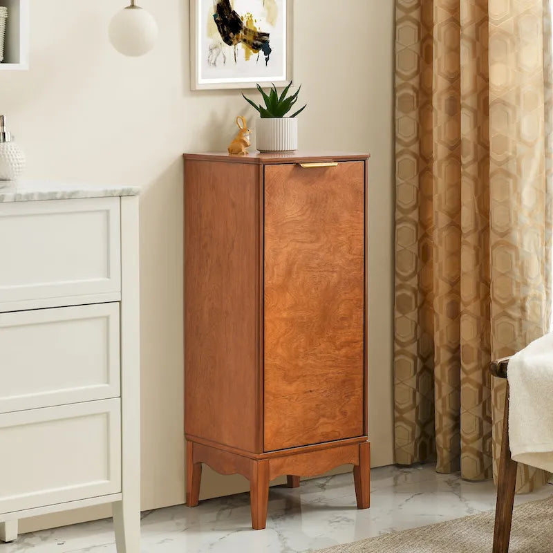 Meuble bas à porte unique avec étagères réglables et poignées en métal – Marron antique, MDF P2, pieds surélevés