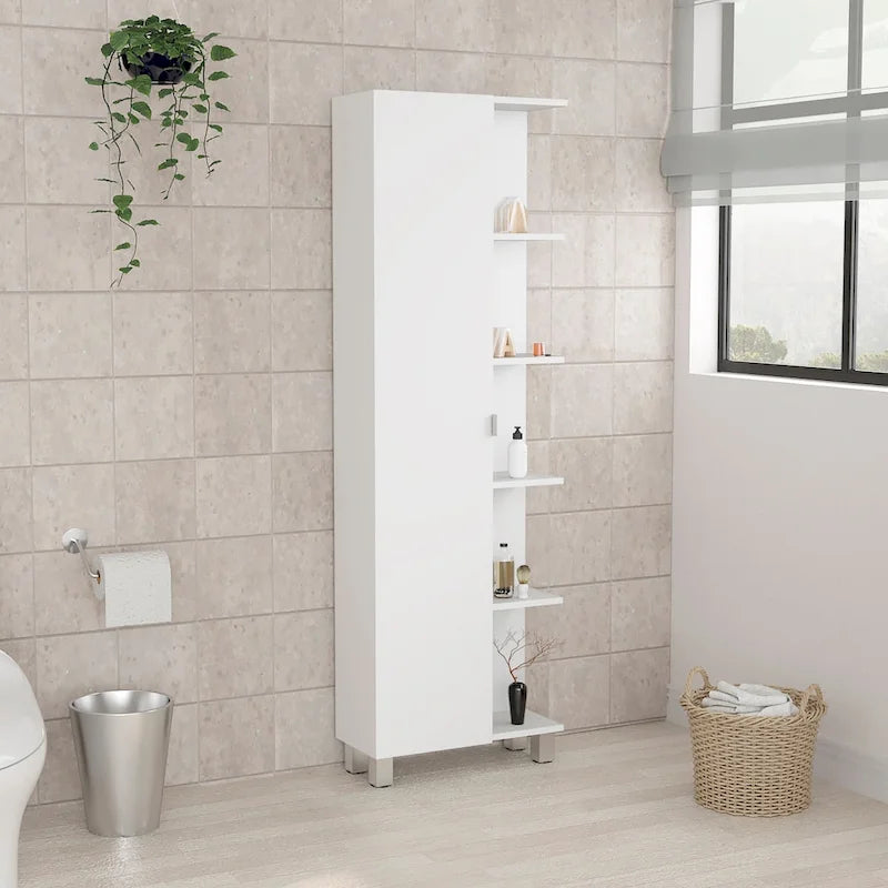 Meuble de Rangement d'Angle en Lin avec 5 Étagères Externes et une Porte Simple – Blanc, Panneau de Particules, 4 Étagères Intérieures