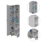 Meuble de Rangement d'Angle en Lin avec 5 Étagères Externes et une Porte Simple – Blanc, Panneau de Particules, 4 Étagères Intérieures