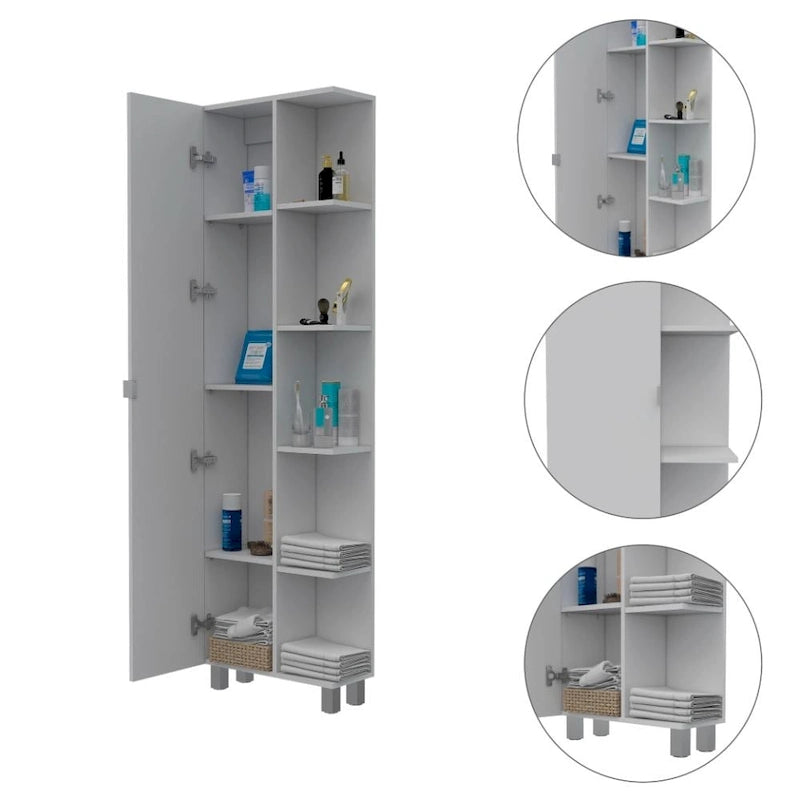Meuble de Rangement d'Angle en Lin avec 5 Étagères Externes et une Porte Simple – Blanc, Panneau de Particules, 4 Étagères Intérieures