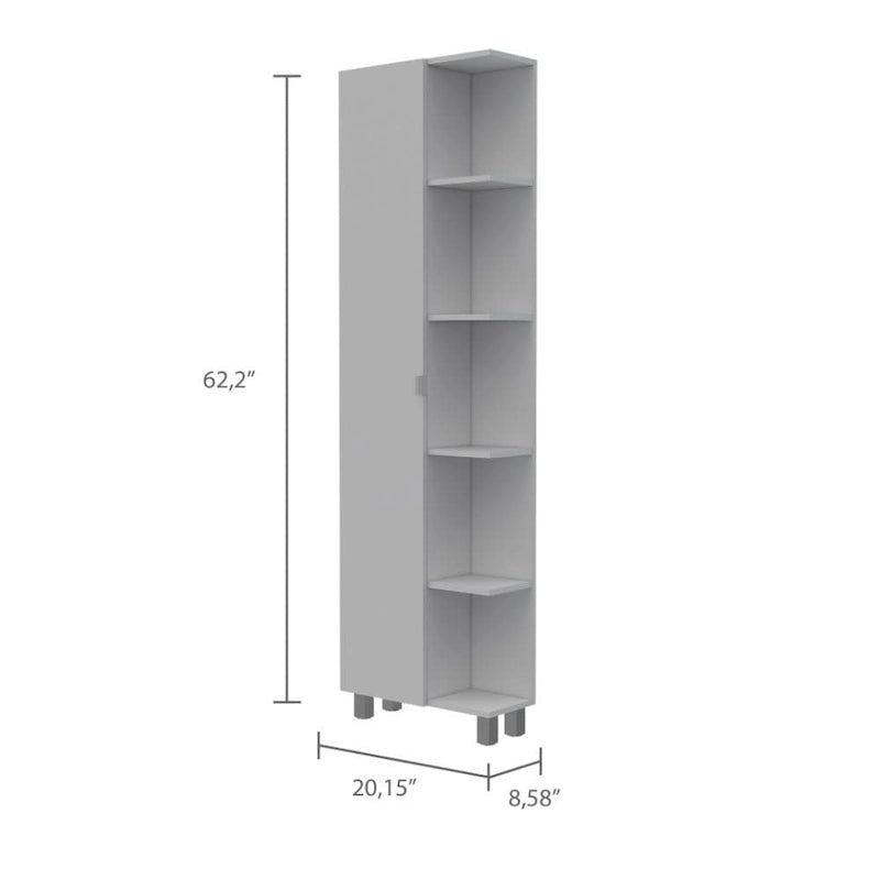 Meuble de Rangement d'Angle en Lin avec 5 Étagères Externes et une Porte Simple – Blanc, Panneau de Particules, 4 Étagères Intérieures