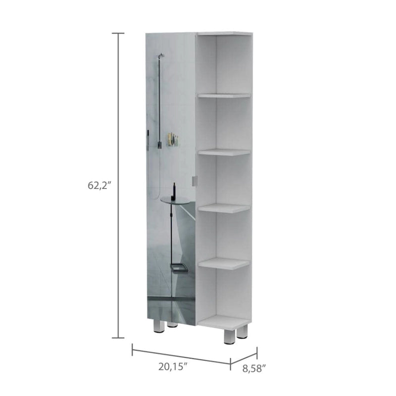Meuble de Rangement d'Angle en Lin avec 5 Étagères Externes et une Porte Simple – Blanc, Panneau de Particules, 4 Étagères Intérieures