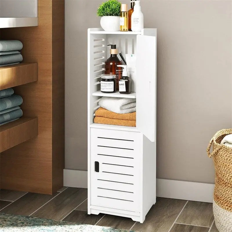 Meuble de rangement de salle de bain étroit et autonome – Blanc, finition bois, PVC, étanche