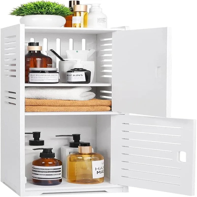 Meuble de rangement de salle de bain étroit et autonome – Blanc, finition bois, PVC, étanche