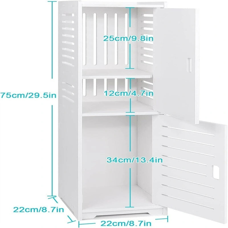 Meuble de rangement de salle de bain étroit et autonome – Blanc, finition bois, PVC, étanche